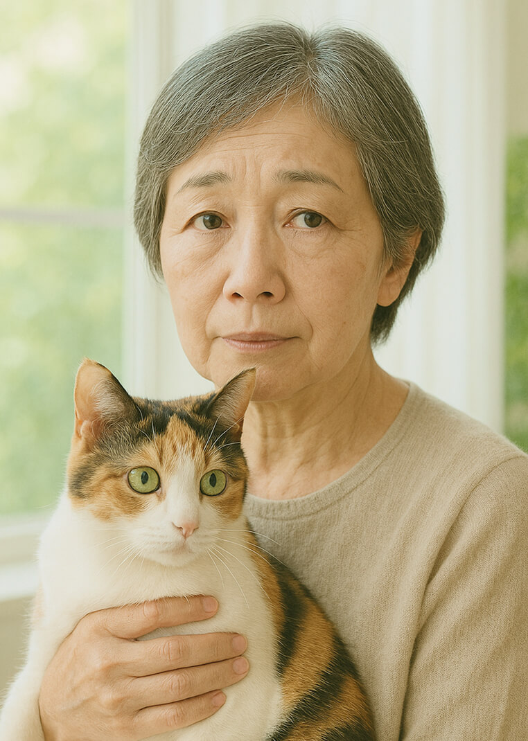 猫を抱いて正面を向いているシニア女性