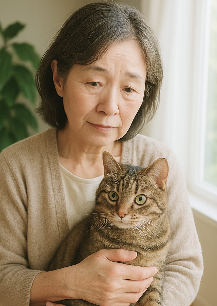 猫を抱いてうつ向いているシニア女性