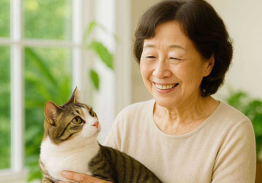 猫を膝に乗せているシニア女性