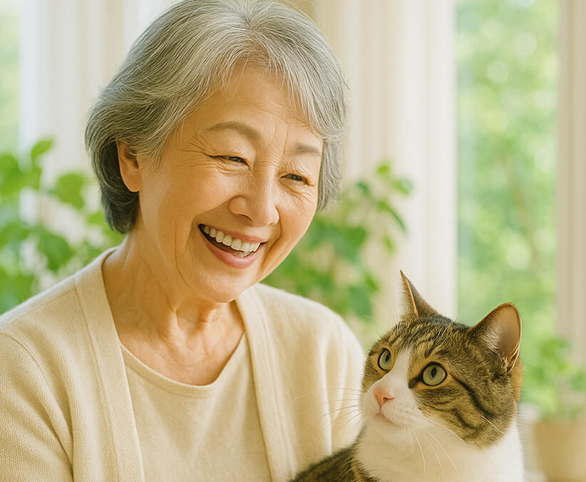 愛猫と笑っているシニア女性